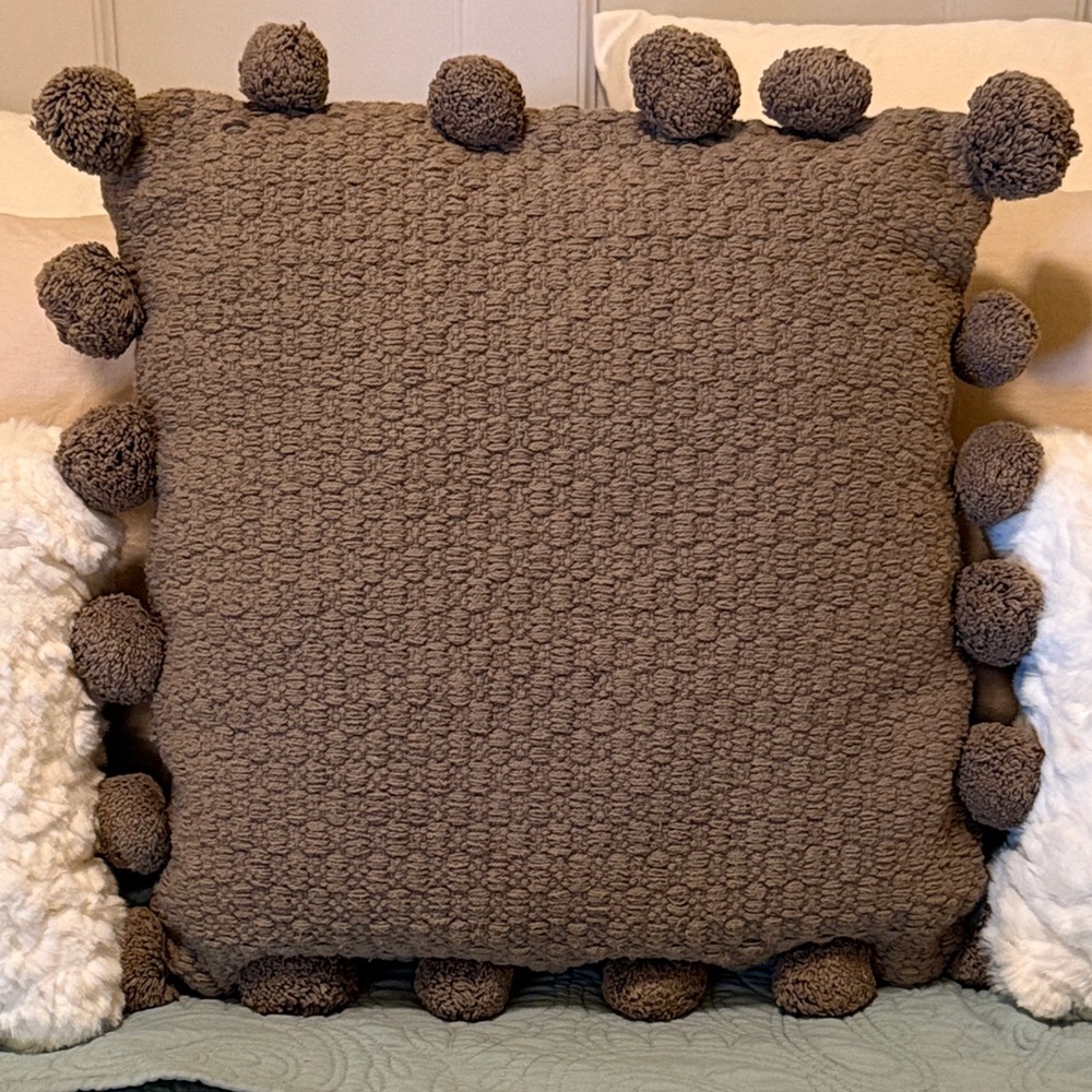 Brown Textured Throw Pillow with Pom Poms